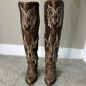 Brown Embroidered Knee-High Boots